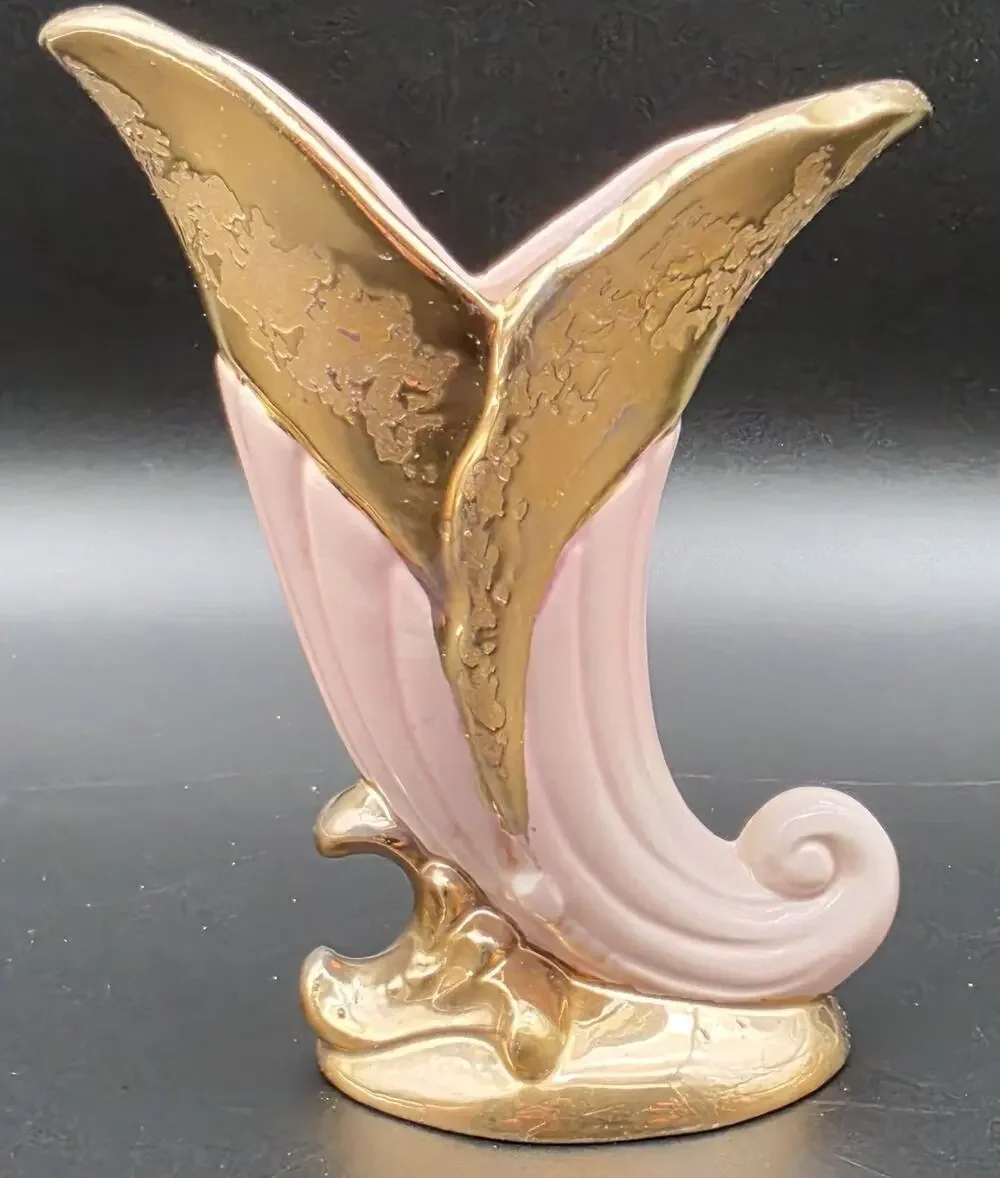 VTG Savoy China Pink & 24K Gold Cornucopia Horn Vase 6.125